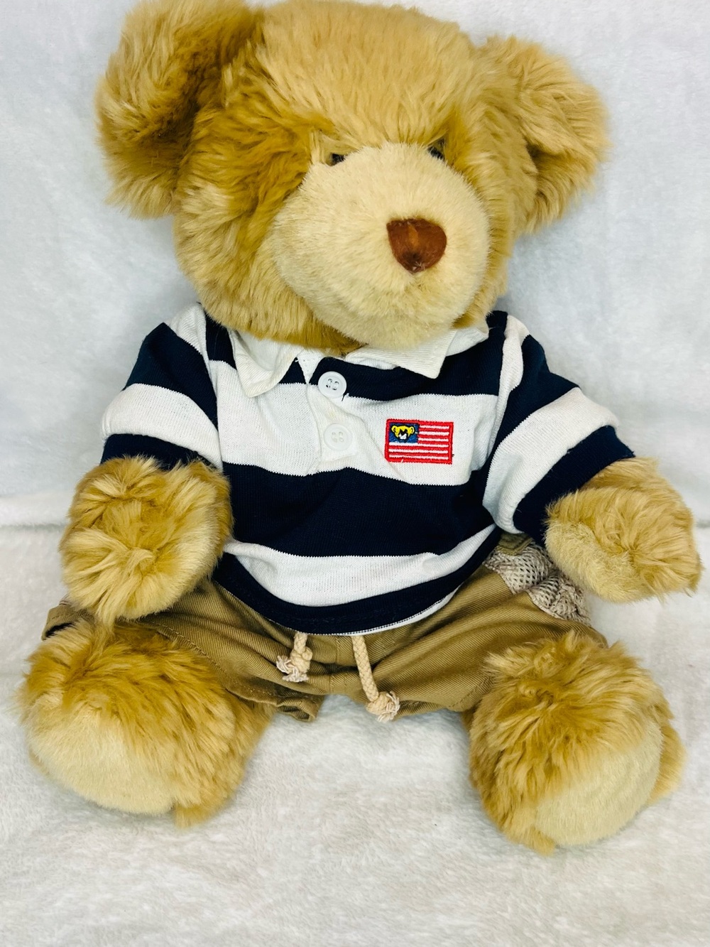 Build-A-Bear Tan Honey Teddy in Navy & White Striped Polo